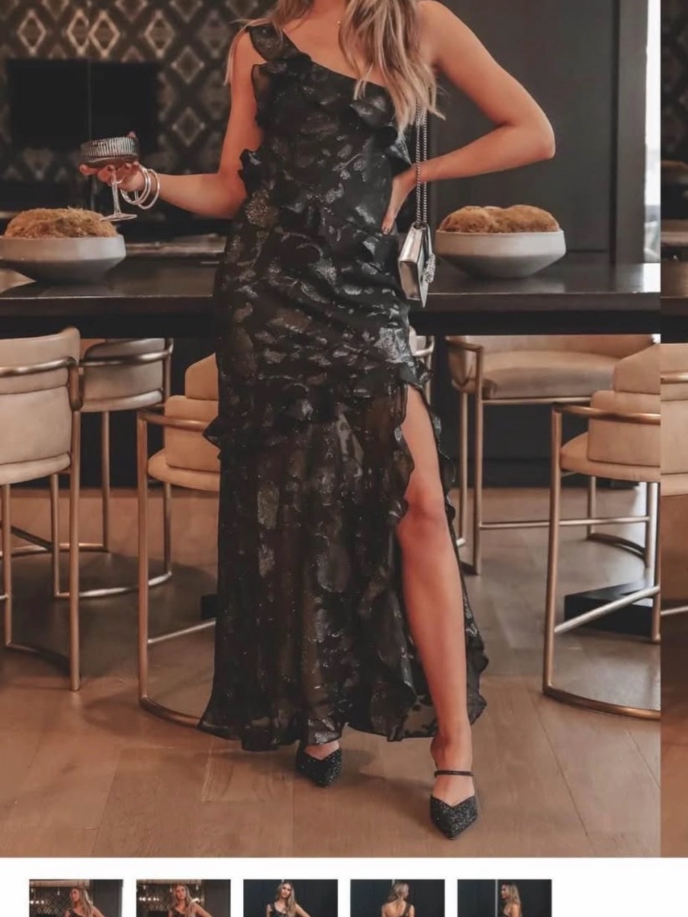 Amazing Lace Black One-Shoulder Ruffle Maxi Dress